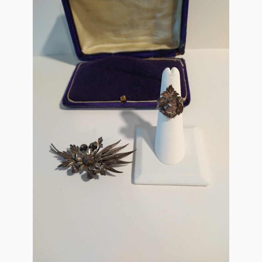 Victorian Antique Austrian Branch Brooch Ring Set Rose Cut Diamond Silver Leaf - Picture 2 of 16